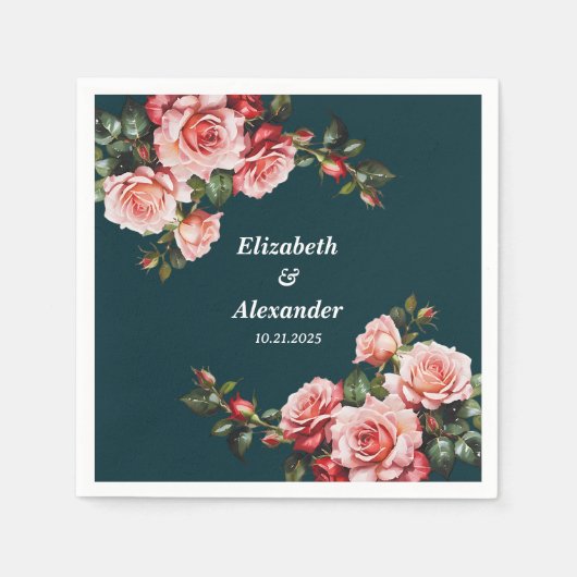 Dark moody pink and red roses teal wedding servet (Voorkant)