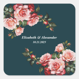 Dark moody pink and red roses teal wedding vierkante sticker