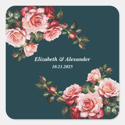 Dark moody pink and red roses teal wedding vierkante sticker (Voorkant)