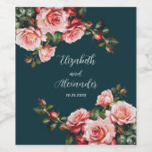 Dark moody pink and red roses teal wedding wijn etiket (Enkel label)