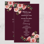 Dark moody pink red roses burgundy wedding program (Voorkant / Achterkant)