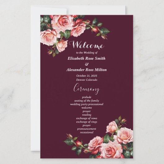 Dark moody pink red roses burgundy wedding program (Voorkant)