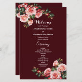 Dark moody pink red roses maroon wedding program (Voorkant / Achterkant)