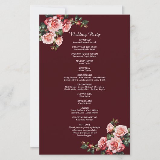 Dark moody pink red roses maroon wedding program (Achterkant)