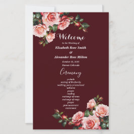 Dark moody pink red roses maroon wedding program