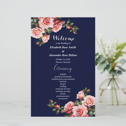Dark moody pink red roses navy wedding program (Staand voorkant)