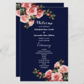 Dark moody pink red roses navy wedding program (Voorkant / Achterkant)