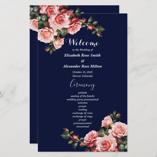 Dark moody pink red roses navy wedding program (Voorkant / Achterkant)