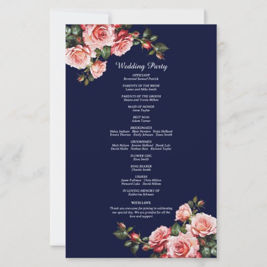 Dark moody pink red roses navy wedding program (Achterkant)