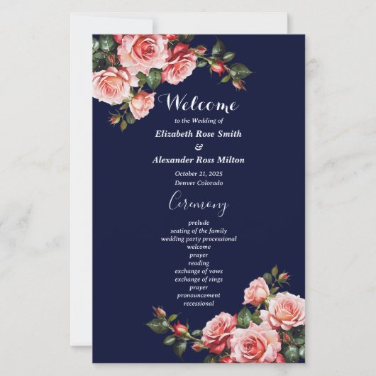 Dark moody pink red roses navy wedding program (Voorkant)