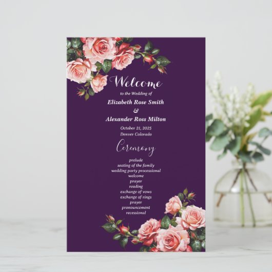 Dark moody pink red roses purple wedding program (Staand voorkant)