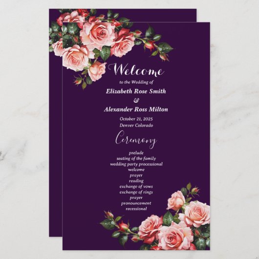 Dark moody pink red roses purple wedding program (Voorkant / Achterkant)