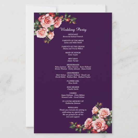 Dark moody pink red roses purple wedding program (Achterkant)