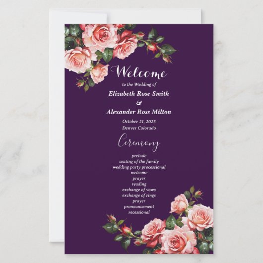 Dark moody pink red roses purple wedding program (Voorkant)