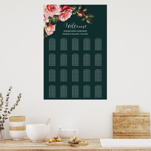 Dark moody pink red roses wedding seating chart poster (Keuken)