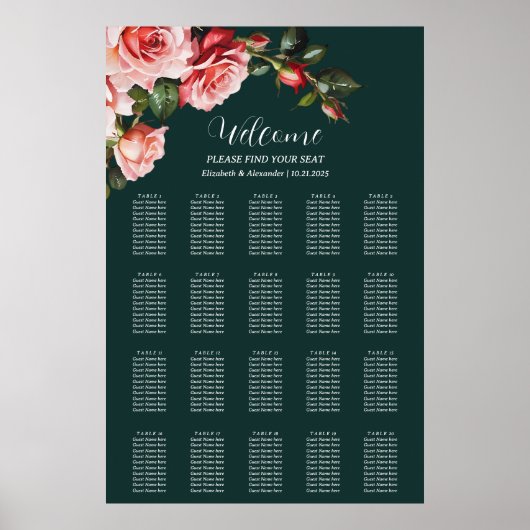 Dark moody pink red roses wedding seating chart poster (Voorkant)