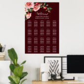 Dark moody pink red roses wedding seating chart poster (Thuiskantoor)