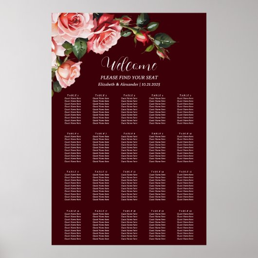 Dark moody pink red roses wedding seating chart poster (Voorkant)