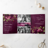 Dark Moody Plum Rozen Fotocollage Paarse bruiloft Drieluik Uitnodiging (Binnen)
