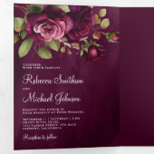 Dark Moody Plum Rozen Fotocollage Paarse bruiloft Drieluik Uitnodiging (Binnenzijde eerst)