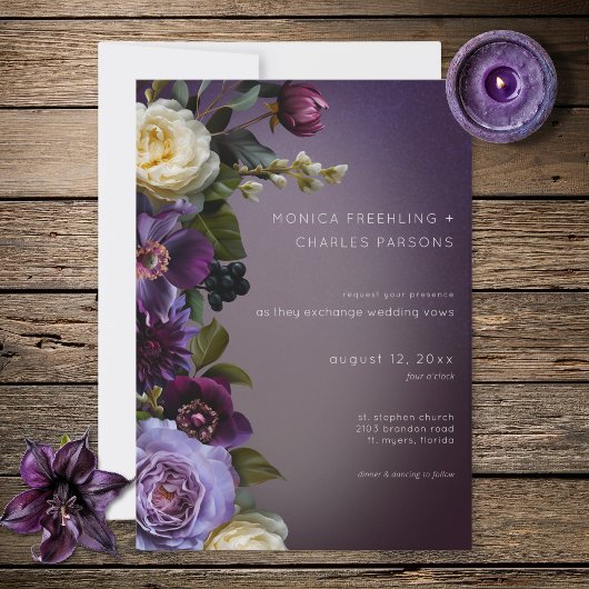 Dark Moody Purple Lavender Floral Modern Wedding Kaart
