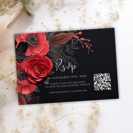 Dark Moody QR Code Bloemen Bruiloft RSVP Kaartje