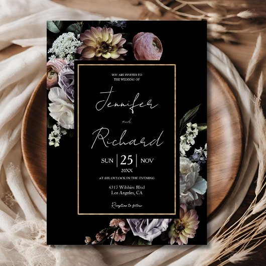 Dark Moody Retro  Bloemen Zwart Bruiloft Kaart
