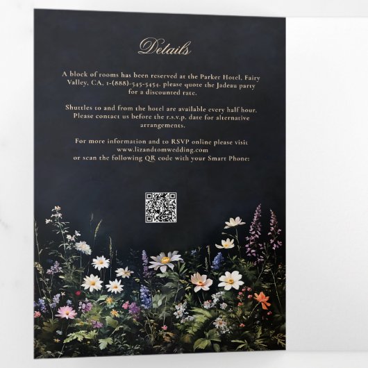 Dark Moody Romance Wildbloemen Alles in een bruilo Drieluik Uitnodiging (Binnenzijde eerst)