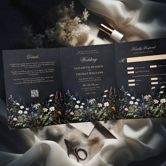 Dark Moody Romance Wildbloemen Alles in een bruilo Drieluik Uitnodiging