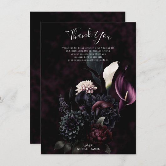 Dark Moody Romantische Bloemenbruiloft Dank u Kaart (Voorkant / Achterkant)