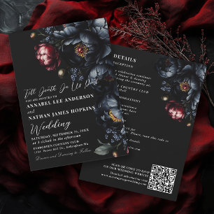 Dark Moody Romantische Pioengotische bruiloft QR-c Kaart