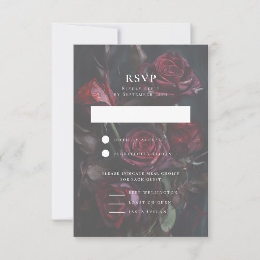 Dark Moody Romantische Rozen Trouwmaaltijd Keuze RSVP Kaartje (Voorkant)