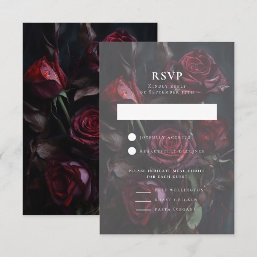 Dark Moody Romantische Rozen Trouwmaaltijd Keuze RSVP Kaartje (Voorkant / Achterkant)