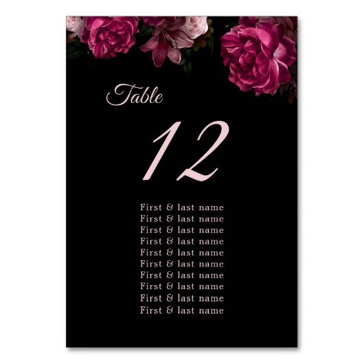  Dark Moody Roses Floral Wedding Seating Chart Kaart (Voorkant)