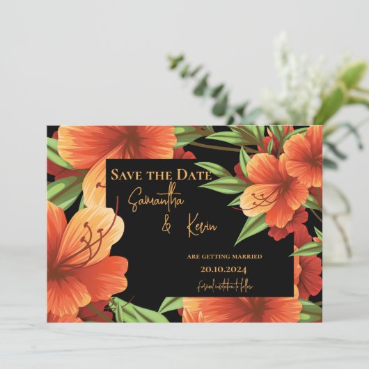 Dark Moody Sinaasappel Bloemen Bruiloft Save The D Save The Date (Staand voorkant)