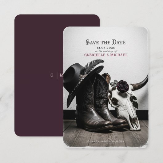 Dark Moody Western Cowboy Skull Rose Wedding Save  The Date (Voorkant / Achterkant)