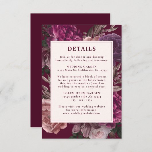 Dark Moody Winter Bourgondië & Maroon Bloemen Huwe Informatiekaartje (Voorkant / Achterkant)