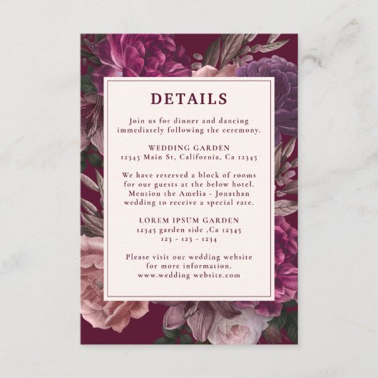 Dark Moody Winter Bourgondië & Maroon Bloemen Huwe Informatiekaartje (Voorkant)