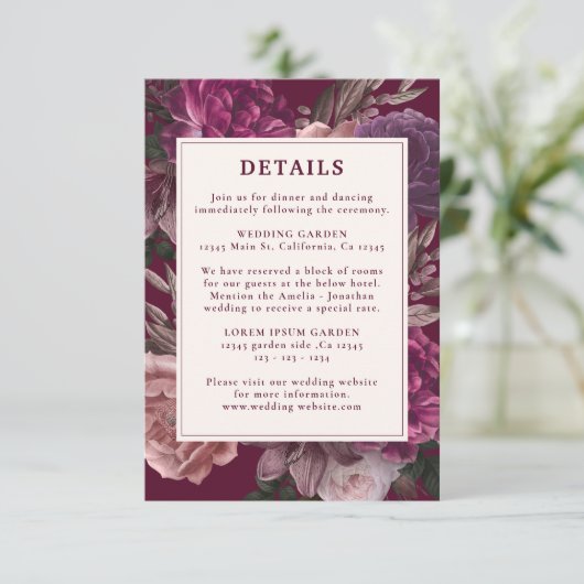 Dark Moody Winter Bourgondië & Maroon Bloemen Huwe Informatiekaartje (Staand voorkant)