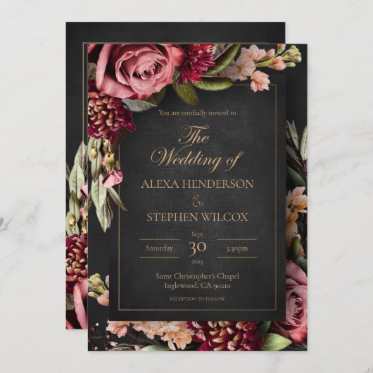 Dark Moody Winter Floral Wedding Invitation Kaart (Voorkant / Achterkant)