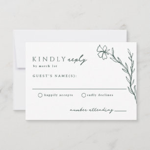 Dark Moss Emerald Green Modern Stenciled Botanical RSVP Kaartje