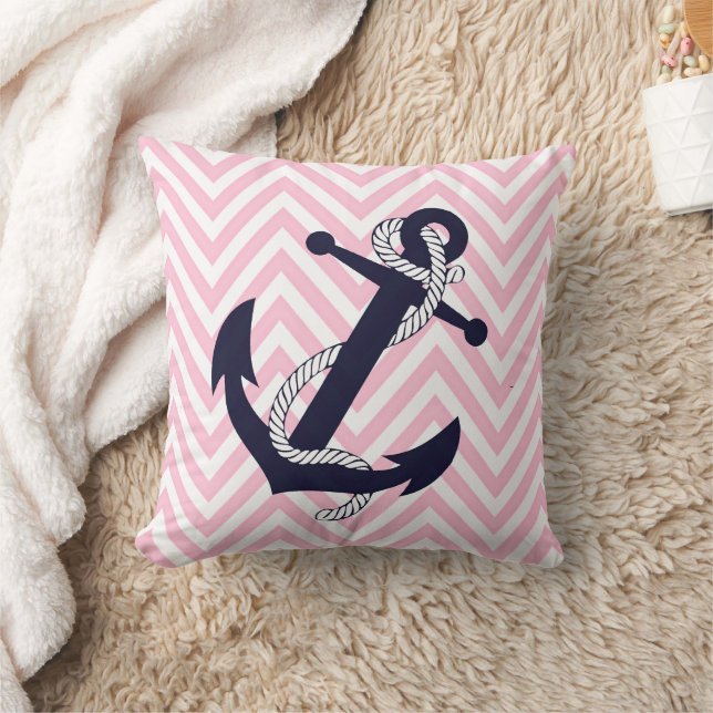 Dark Nautical Blue Anchor Pink Zigzag Chevron Kussen (Deken)