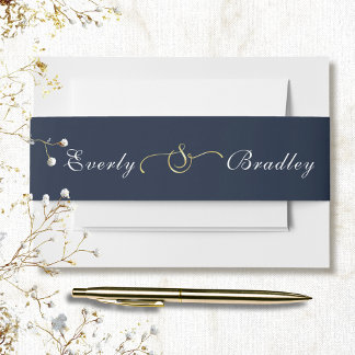 Dark Navy Achtergrond Wit Script Goud Ampersand Uitnodigingen Wikkel