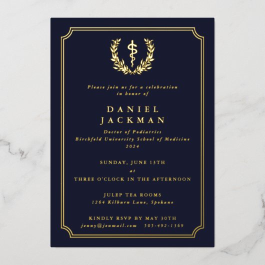 Dark Navy Asclepius Medical School Afstuderen Folie Uitnodiging (Voorkant)