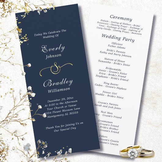 Dark Navy Background Elegant Minimal Wedding Programmakaart