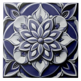 Dark Navy Blue Faux Relief  Antiek Flower Tegeltje