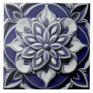 Dark Navy Blue Faux Relief  Antiek Flower Tegeltje