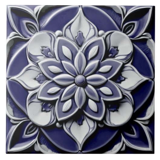 Dark Navy Blue Faux Relief  Antiek Flower Tegeltje (Voorkant)