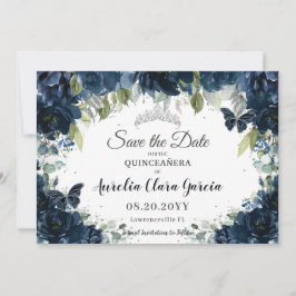 Dark Navy Blue Floral XV Quinceañera Save the Date