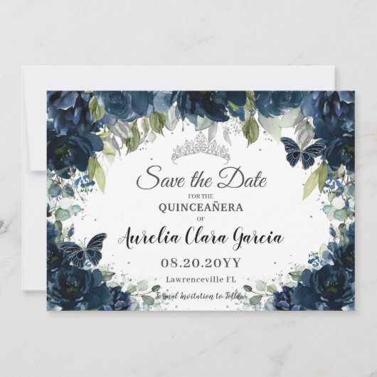 Dark Navy Blue Floral XV Quinceañera Save the Date (Voorkant)